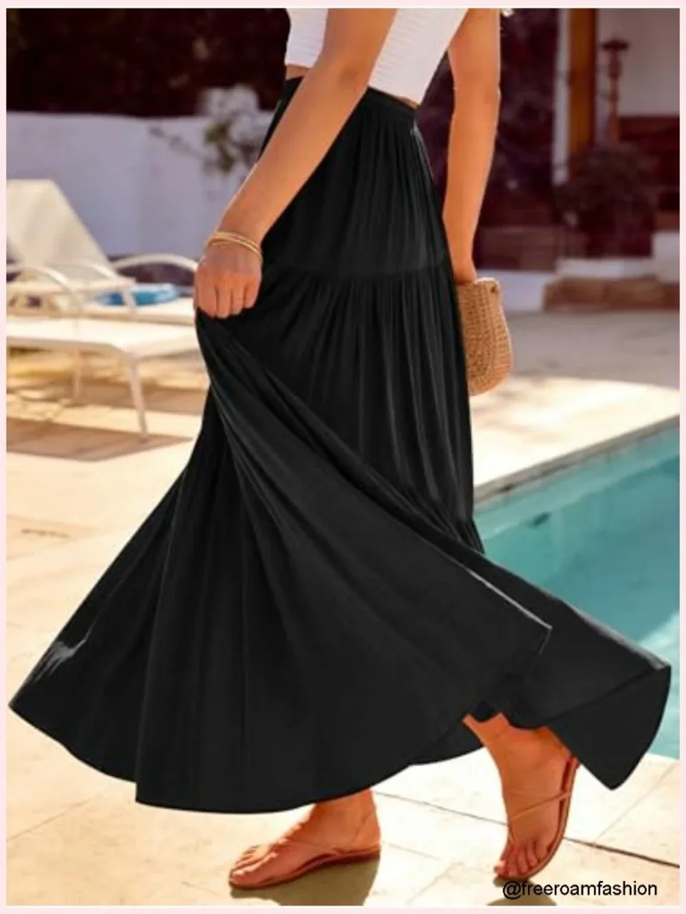 Boho High Waist Pleated A-Line Maxi Skirt with Pockets